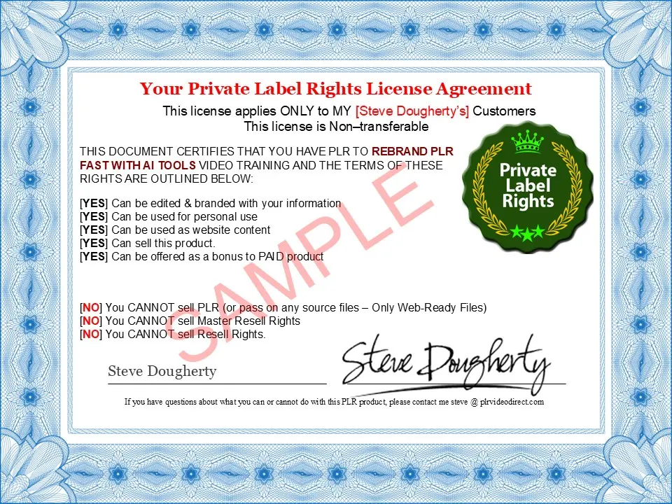 Rebrand PLR Fast With AI sample PLR license