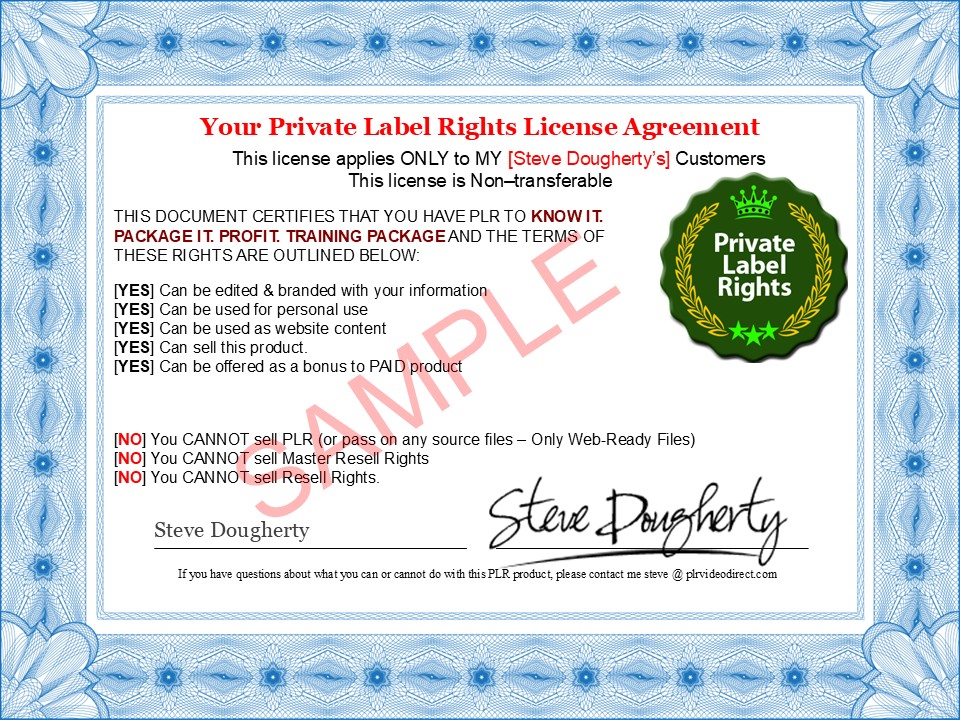 Know It Package It Profit sample PLR License